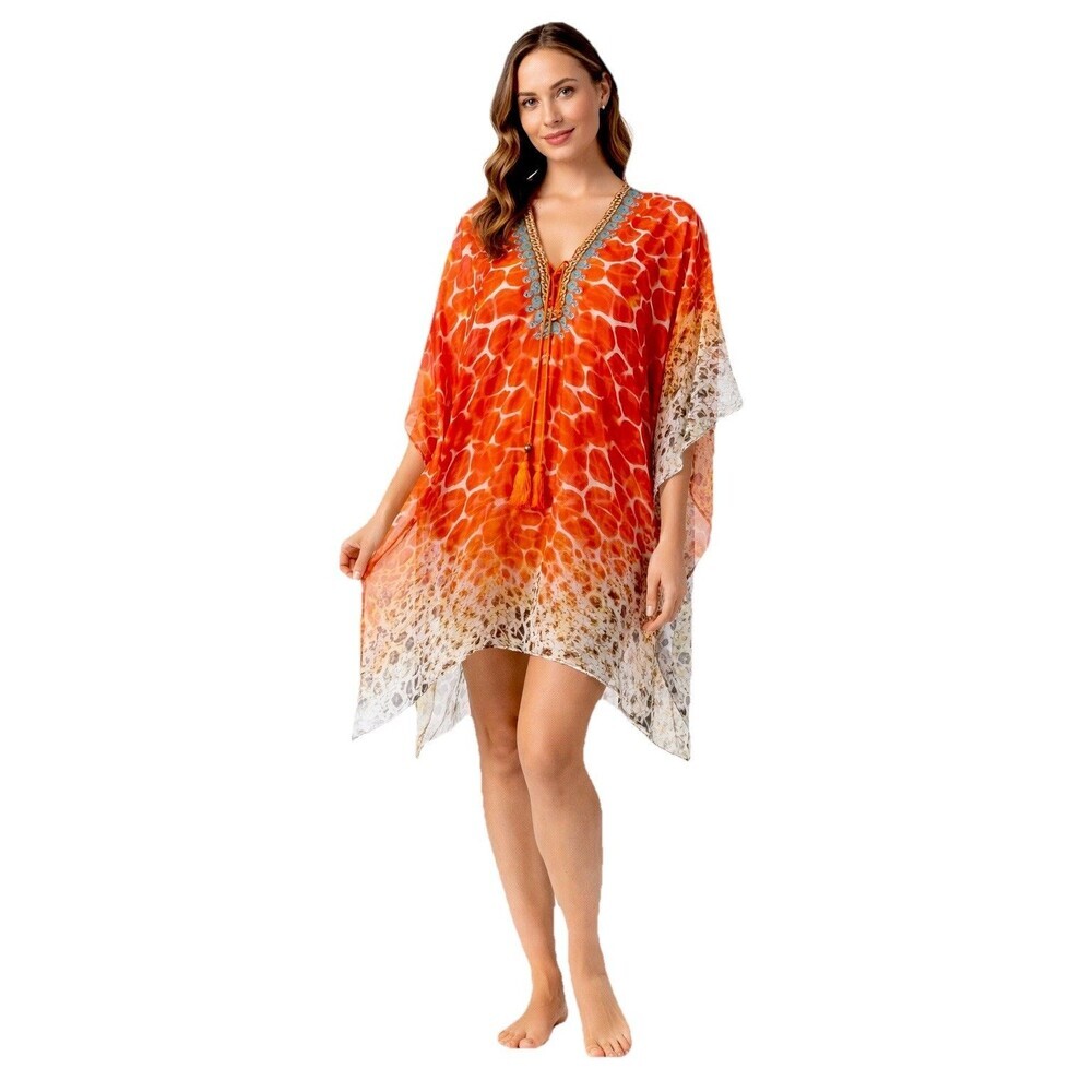 Boho Beach Kaftan Cover Up Orange Beaded Tassel Tunic OS La Moda